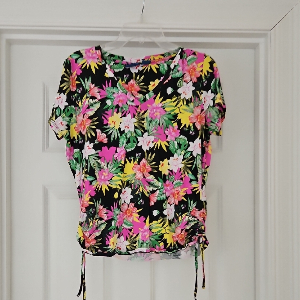 Caribbean Joe Floral Short Sleeve Top - Black, Pink, Green, Yellow